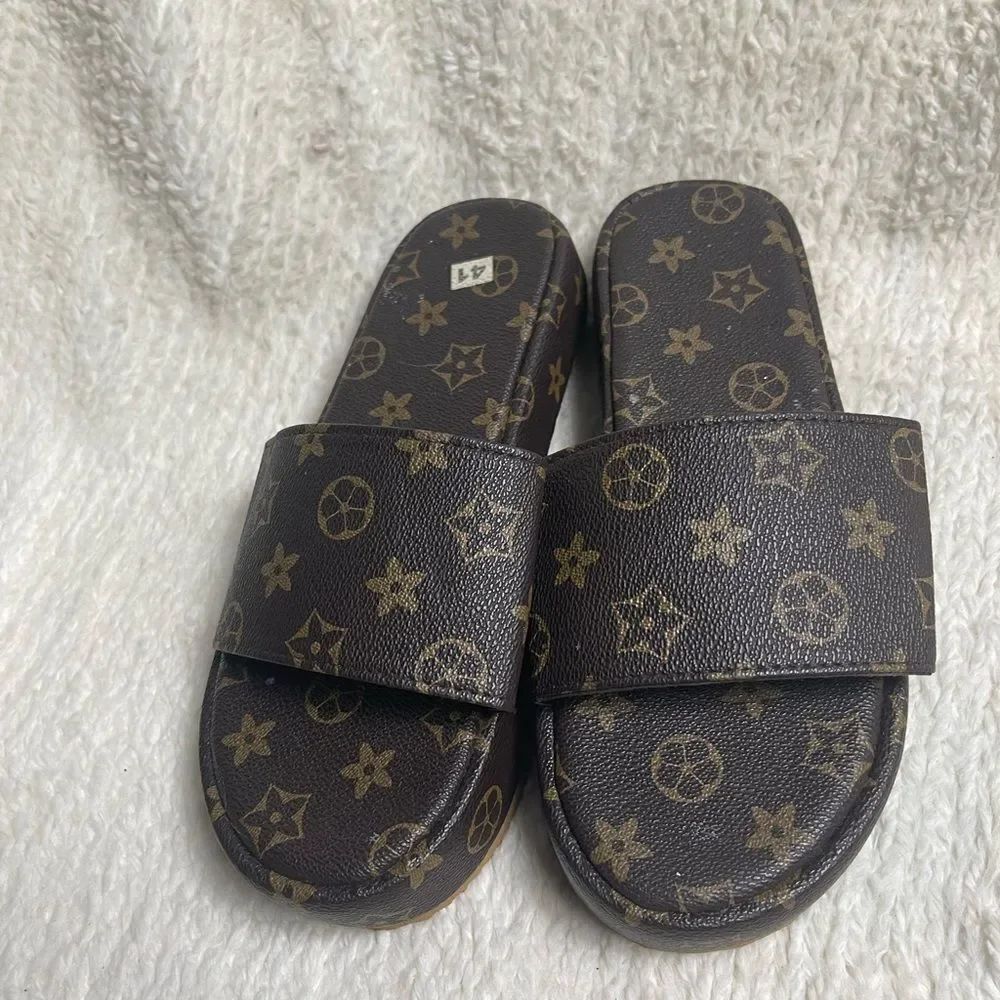 Brown & gold Patterned Synthetic Slide platform Sandals EUR SZ41